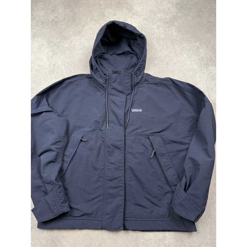 Patagonia Womens S Navy Blue Hooded Windbreaker Mesh Zip Jacket Camp Trail Hike